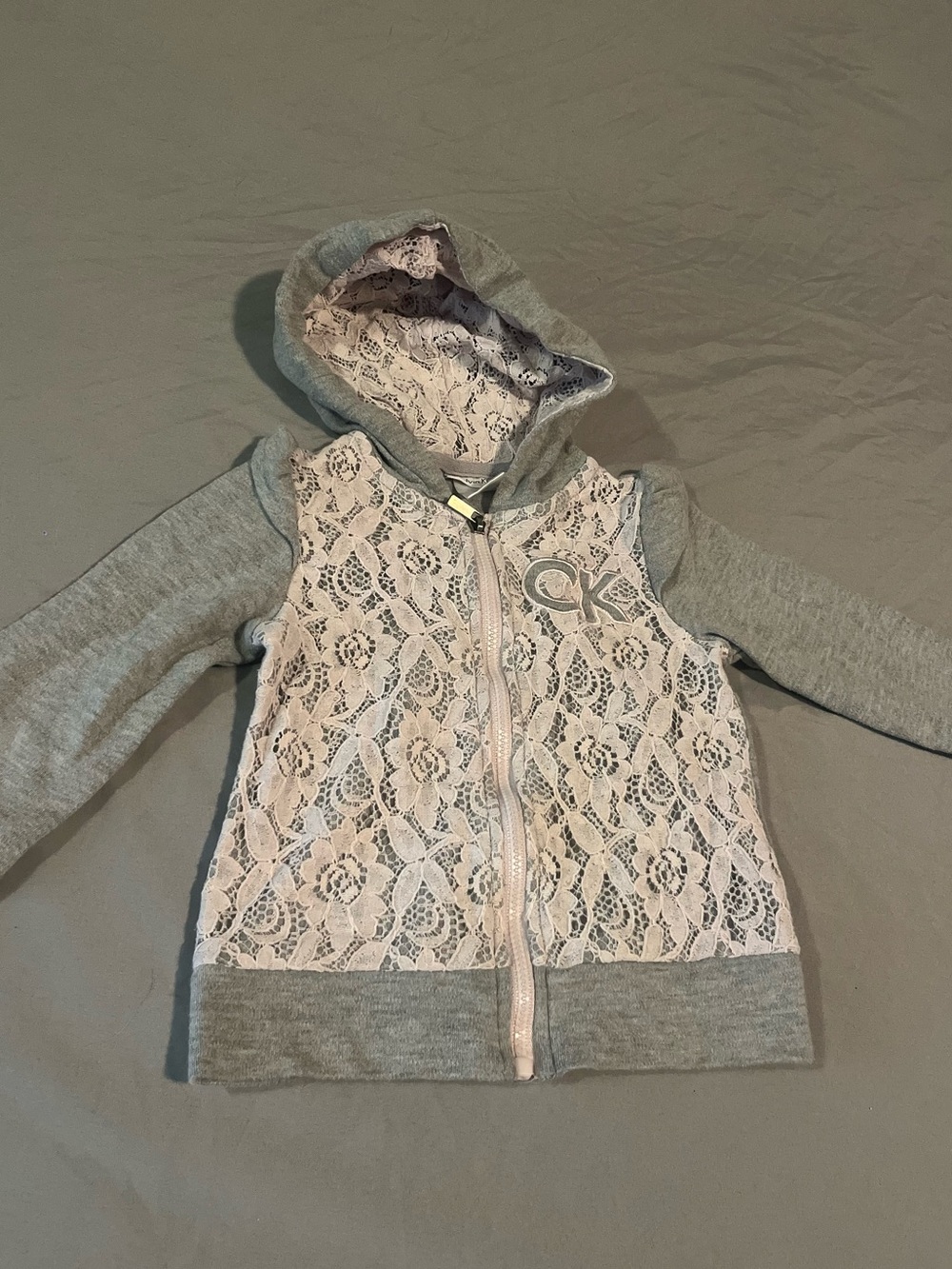 Size 18months Calvin Klein Baby Girl Grey Hoodie Sweater with Pink Floral Lace